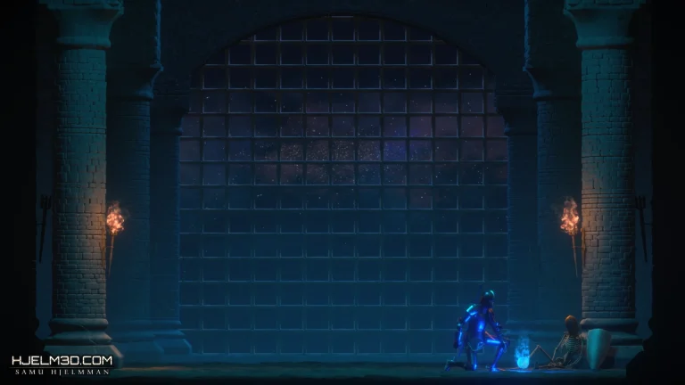 Dark fantasy side-scroller game background featuring a massive castle gate and a knight kneeling next to a skeleton.