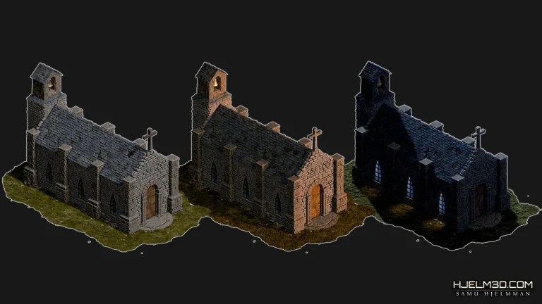 High-resolution isometric church environmental sprite in a pre-rendered 3D art style, showcasing different lighting for dark fantasy games.