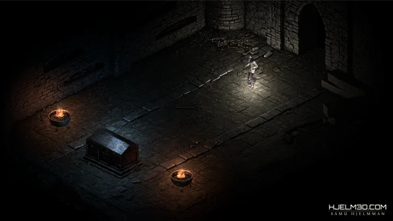 In-game screenshot of an isometric dark fantasy catacomb displaying 2D sprites with dynamic normal map lighting effects around a character.