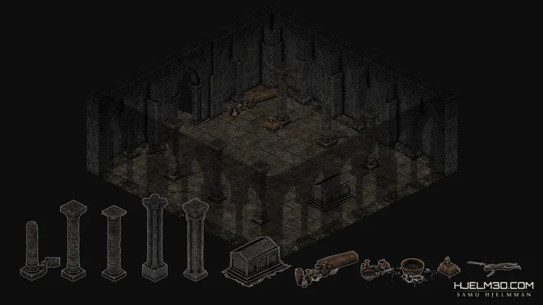 Isometric 2D sprite tilemap showcasing a dark fantasy catacomb room with stone textures and gothic dungeon architecture.