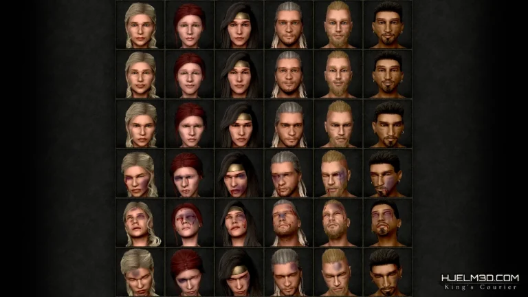 Six human character portraits for an RPG game displaying various facial expressions and gritty, realistic details.