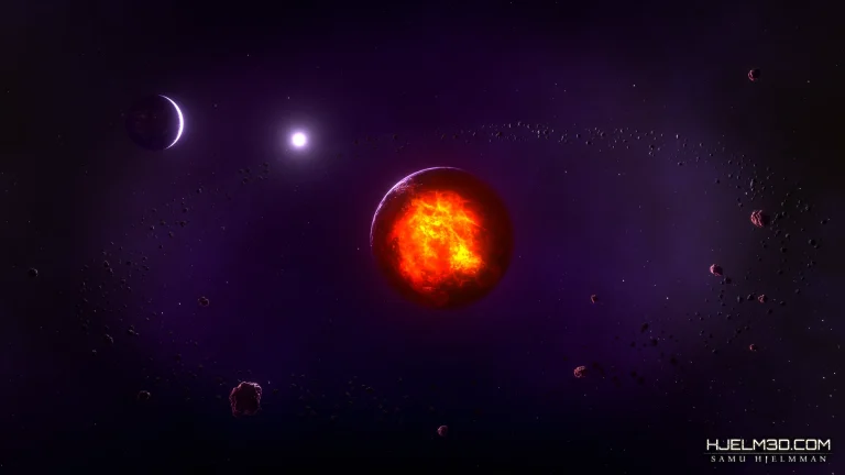 2D sci-fi space game background scenic illustration featuring an exploding planet and a detailed asteroid field.