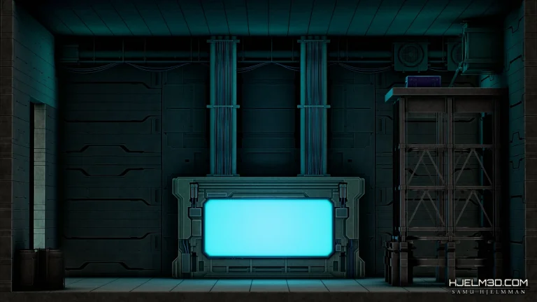 High-resolution final pre-rendered sci-fi cyberpunk game background with baked atmospheric lighting, composited from multiple 3D render passes.